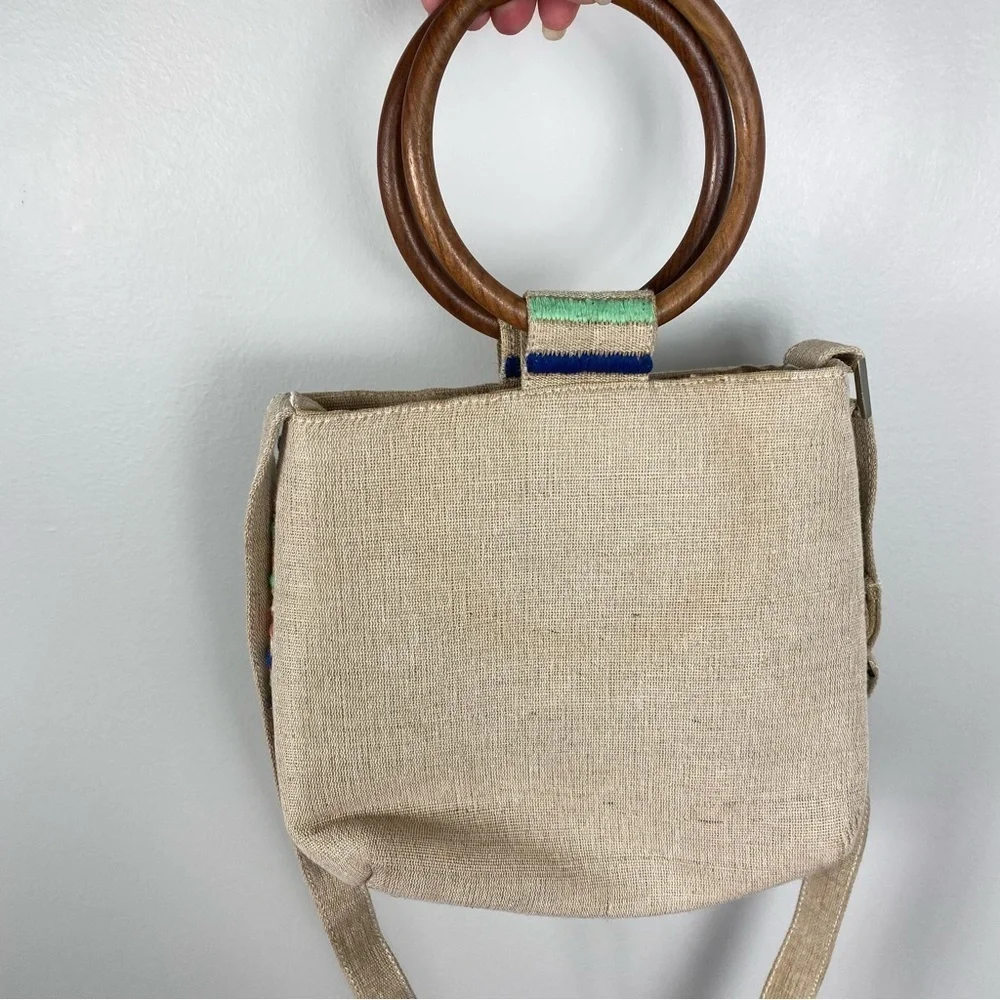 Lulu Canvas Handbag Boho Wooden Handles Aztec Print Multicolor with Strap - Picture 4 of 7
